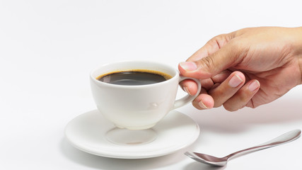 The hand of a man holding a coffee cup isolated on a white background
