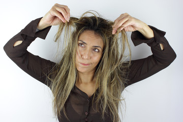 A beautiful Colombian Woman having a messy wild hair day