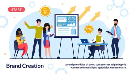 Team Engaged in Brand Creation Process in Office. Marketer Group Brainstorming, Discussing Marketing Strategy, Searching Idea Solution for Online Product Branding. Banner Design. Vector Illustration