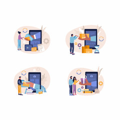 Online shopping ecommerce concept. Set of illustrations of people with devices and hands holding items. Modern illustrations of people purchasing items from store. Flat vector illustration with people