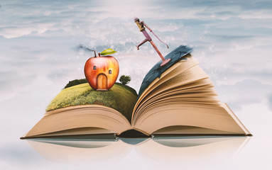 Open Paper Book with Novel Story Items - Apple House on Spring Field and Retro Water Pump on Asphalt Road on Sky Background. Reading Books Concept. Bookstore or Library Poster Layout.