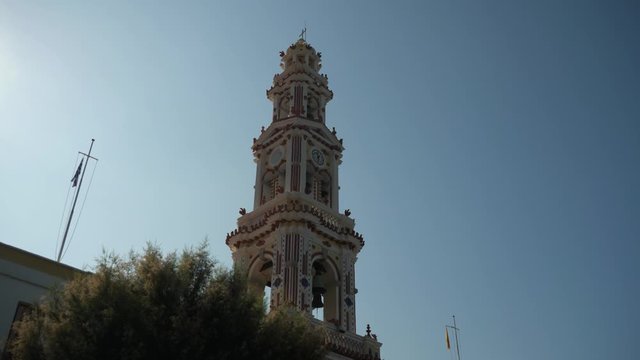 The tower of Monastery of Archangel Michael in Panormitis against the sky, Low angle view