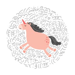 Unicorn of simple trendy cartoon style with elements. Unicorn of pink color for kids and magic textile, bag, t-shirt design. Isolated vector illustration.