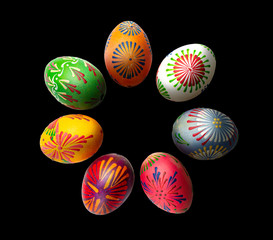 Colorful Handmade Painted Easter Eggs on Black Background