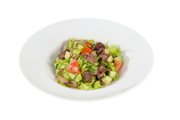 Caesar salad with chicken liver, meat, beef, tomato, onion, cucumber, lettuce on plate, white isolated background Side view. For the menu, restaurant, bar cafe