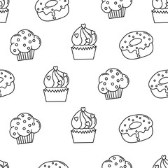 Black and white cupcakes seamless pattern. Hand drawn muffins background. Great for coloring book, wrapping, printing, fabric, textile. Vector illustration