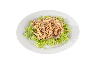 Salad with ham, boiled pork, beef, chicken, pork, egg pancake, lettuce, mayonnaise on plate, white isolated background Side view. For the menu restaurant bar cafe