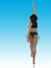 Conceptual fat overweight obese female vs slim fit healthy body after weight loss or diet with muscles thin young woman on blue. A fitness, nutrition or fatness obesity, health shape 3D illustration