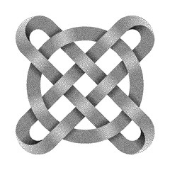 Stippled ringed cross made of intersected strips. Celtic knot with circle symbol. Textured 3d illustration.