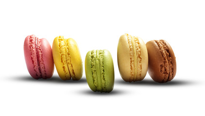 Macarons on White Background. Colorful French Biscuits Set. Traditional Sweet Cookies.