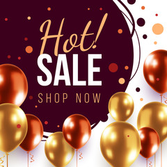 Vector hot sale illustration with 3d realistic golden and red air balloon on white background with frame and text.