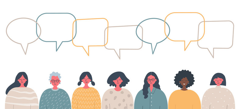 Women's community. Social concept. Communication. People icons with speech bubbles. There are women of different races, different ages in the picture. Vector illustration on a white background