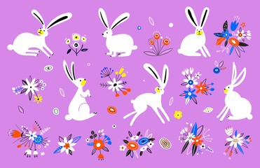 Vector set of cute rabbits in cartoon style. Illustration of hares. Hand drawn sitting, standing and running rabbits. Decorative elements of animals, plants for spring.