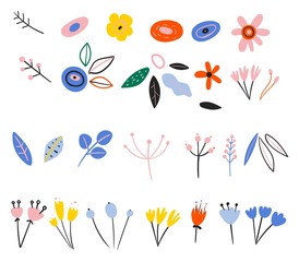 Set of spring plants in a flat style. Buds of wildflowers. Early spring forest and garden flowers isolated on white vector. Cute retro design in bright colors for stickers, labels, tags, gift wrapping