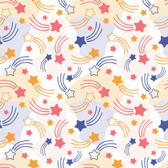 Hand drawn seamless pattern of shooting stars, comets and meteorites. Modern abstract background of pink, yellow, blue stars on light pastel spots. Scandinavian illustration. Childish wallpaper design