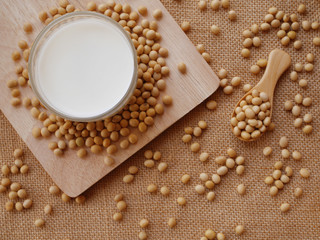 soy milk and soybean on the cutting board