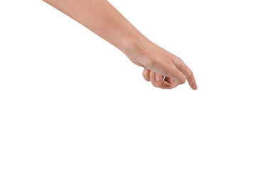 Hand finger pointing, touching or pressing on isolated white background