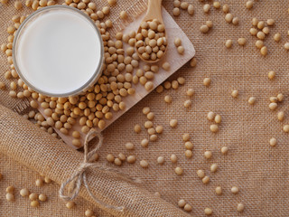 soy milk and soybean on the cutting board