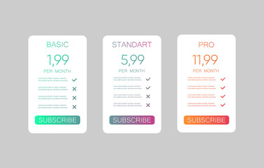 Comparison pricing list. Comparing price or product plan chart. Services cost table vector infographics template. eps 10