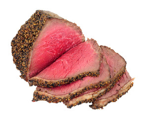 Rare cooked roasted pepper and salt covered beef rump joint also known as a picanha cut and sirloin...