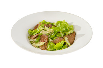 salad with chicken liver, meat, beef, onion, cucumber, lettuce on plate, white isolated background Side view. For the menu, restaurant, bar cafe
