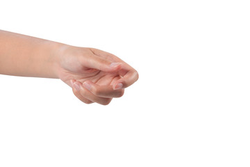 Close-up of woman's hand holding or turning something isolated on white background.