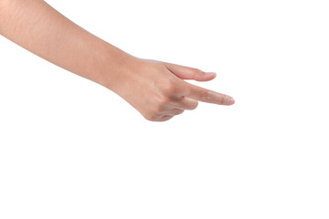 Close-up of woman's hand holding something like a book or a smartphone isolated on white background.