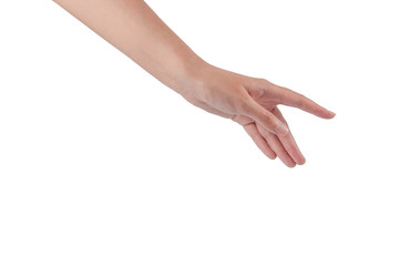 Beautiful female hand open and ready to reach or receive. Gesture isolated on white background. 