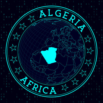 Algeria round sign. Futuristic satelite view of the world centered to Algeria. Country badge with map, round text and binary background. Amazing vector illustration.