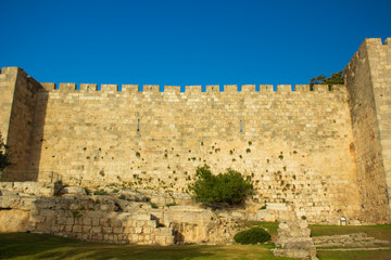 Fototapeta na wymiar Israel Jerusalem ancient city fortification castle building stone wall protection from crusaders historical destination site of holy land in Middle East region