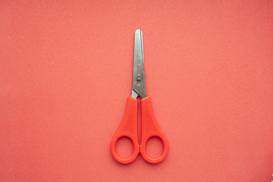 Monochrome minimalistic picture. Metal scissors with a measuring ruler and a red handle on a red clean flat background.