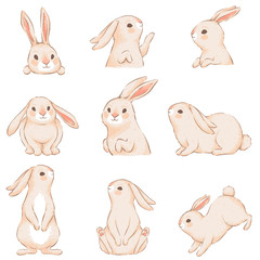 Schattige konijnen met roze oren in verschillende grappige poses. Tekens voor Pasen-ontwerp. Imitatie van handgemaakte aquarel