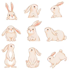 Fototapete Süße Hasen Süße Kaninchen mit rosa Ohren in verschiedenen lustigen Posen. Zeichen für Ostern-Design. Nachahmung von handgemachtem Aquarell