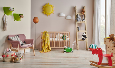 Modern baby room wooden furniture design with cradle.