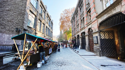 TBILISI, GEORGIA  DECEMBER 14, 2019:  Old Tbilisi architecture, Street fair in Tbilisi, Georgia