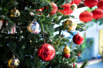 Merry Christmas and happy new year concept,Decorated Christmas tree on blurred background.