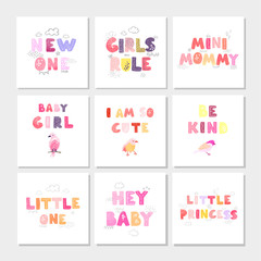 Fototapeta na wymiar Vector set of illustrations with hand drawn lettering - Girls Rule. Colorful typography design in Scandinavian style for postcard, banner, t-shirt print, invitation, greeting card, poster