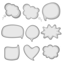 Set of grey speech bubbles in comic style isolated on white background. Pop art design for banners, price tags, stickers, badges. Paper cut shapes with shadows. Vector illustration.