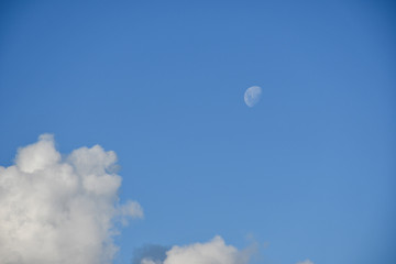 bright moon in blue sky with white fluffy cloud bottom left