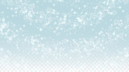 Christmas  Vector Background with White Falling Snowflakes Isolated on Transparent Background. Realistic Snow Sparkle Pattern. Snowfall Overlay Print. Winter Sky. Design for Party Invitation.