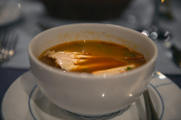 Soup with crab on a table in a restaurant