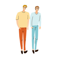 Vector colorful illustration of a two young boy friends walking together on the street, isolated on white background
