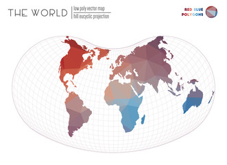 Triangular mesh of the world. Hill eucyclic projection of the world. Red Blue colored polygons. Creative vector illustration.