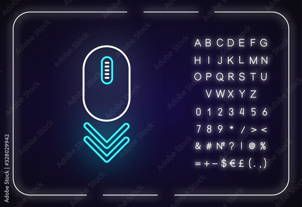 Fototapete scroll down mouse neon light icon. internet page browsing double arrow. web cursor. pc mouse. outer 