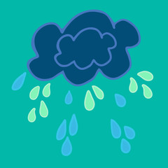 Dark cloud and drops in trendy colors. Rain hand drawn vector illustration with outline. Isolated doodle. Simple design element for weather logo and icons. Dark blue, turquoise, light green.