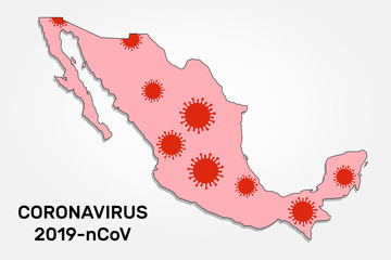 Coronavirus infection in Mexico. Mexico map with random microbe cell symbols. Illness and disease outbreak. Vector illustration.