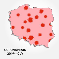 Coronavirus infection in Poland. Poland map with random microbe cell symbols. Illness and disease outbreak. Vector illustration.