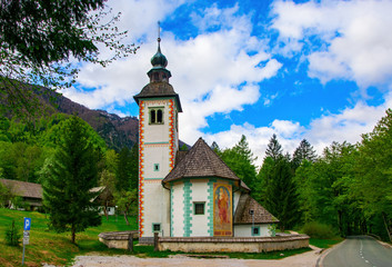 Scenic view of church of the Holy Spirit on the southern side of the Bohinj Lake, near road Ribcev Laz - Ukanc, Slovenia