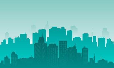 Naklejka premium Silhouette of a city in the morning with foggy weather.