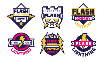 Flash Lightning Logo Templates Collection, Energy Company Bright Badges Vector Illustration on White Background